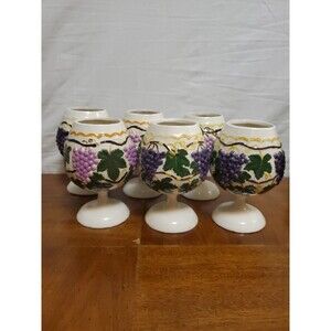 Arnels Ceramic Wine Goblet Glasses Set Of 6 Purple Grapes Green Vines Embossed